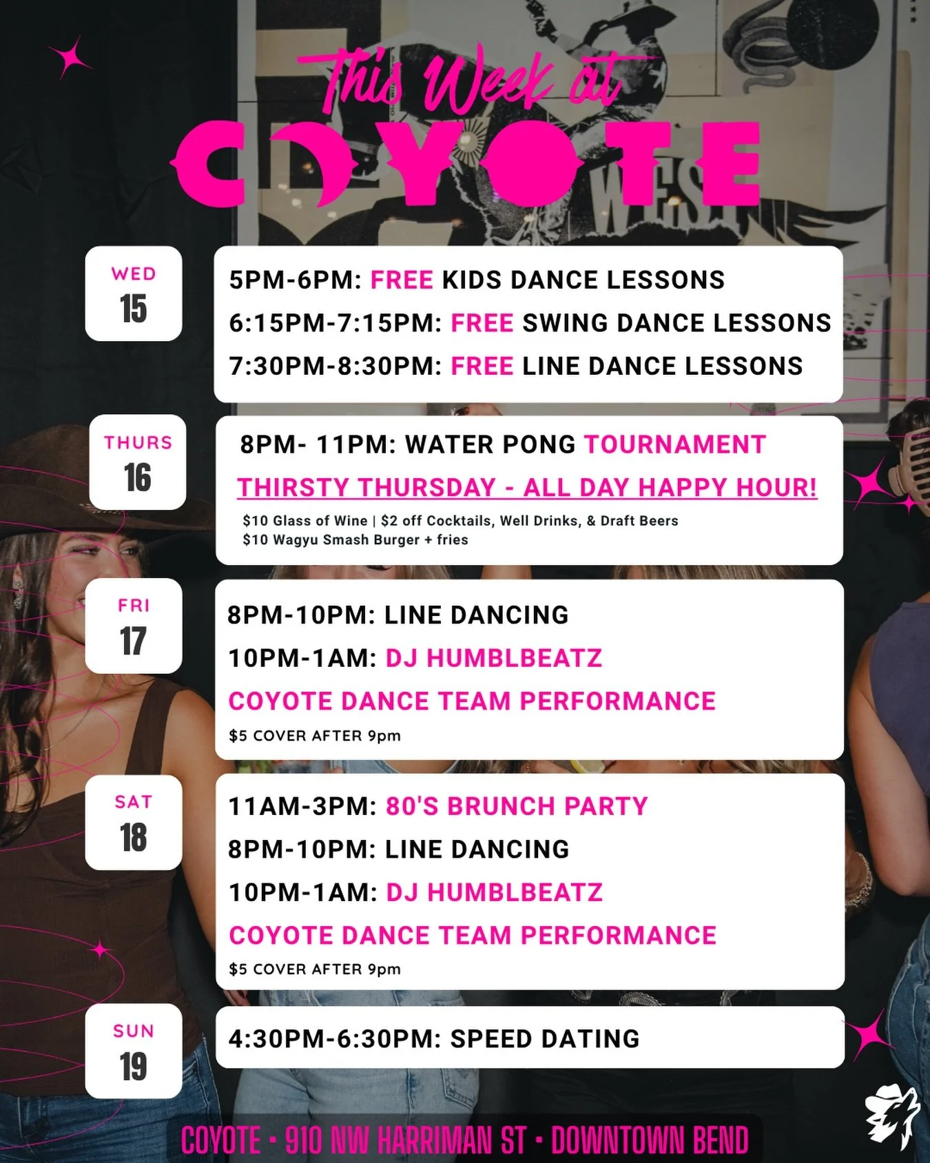 What a week we have planned at Coyote 👀👇

WEDNESDAY
Free dance lessons all night 💃
(kids, swing, line&hellip; we got you)

THURSDAY
Water Pong Tournament 8&ndash;11PM
$5 entry &bull; Teams of 2
Bracket style &bull; Winner takes all 💰 (+ $100 gift