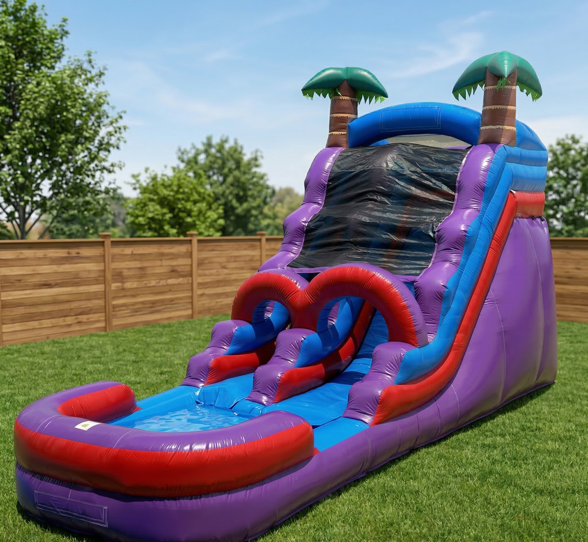 Colorful inflatable water slide with palm trees design in a backyard with green grass and wooden fence.