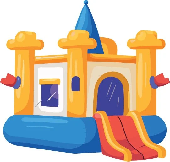 Colorful inflatable bounce house designed to resemble a castle with a blue slide and orange towers.