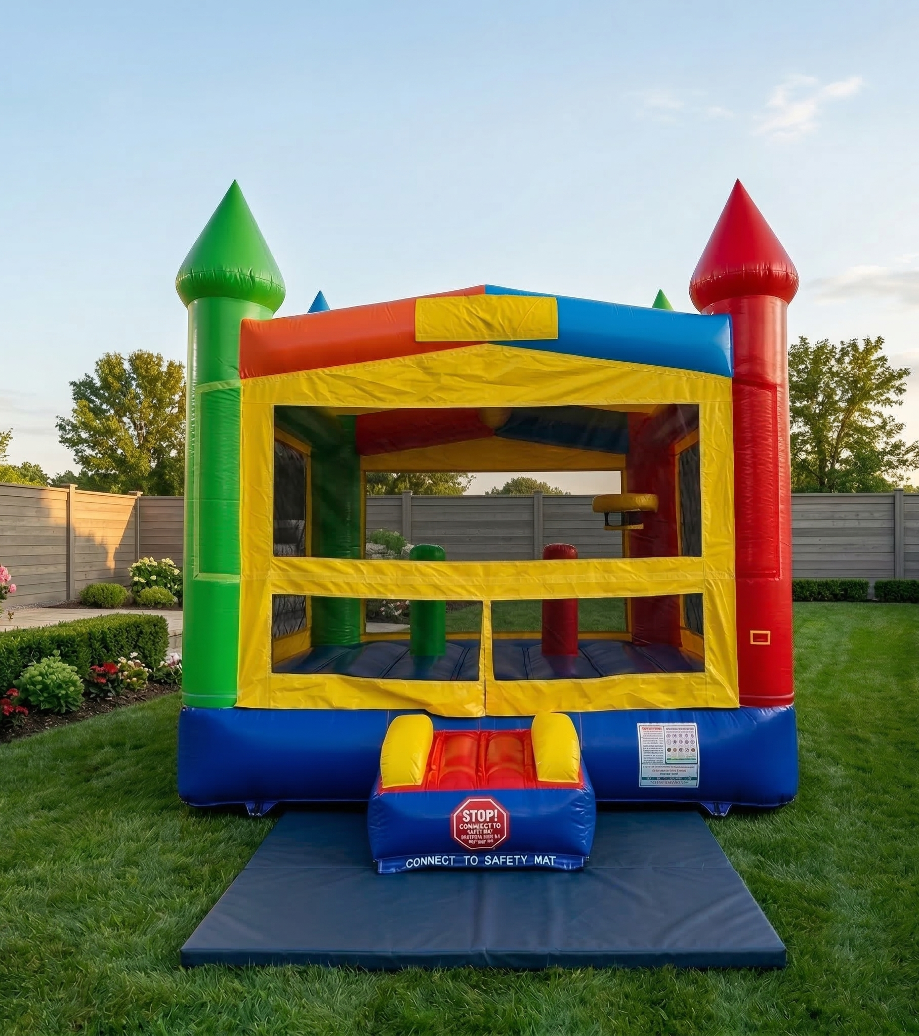 Colorful inflatable bounce house with castle design in a garden with grass, flowers, and a fence.