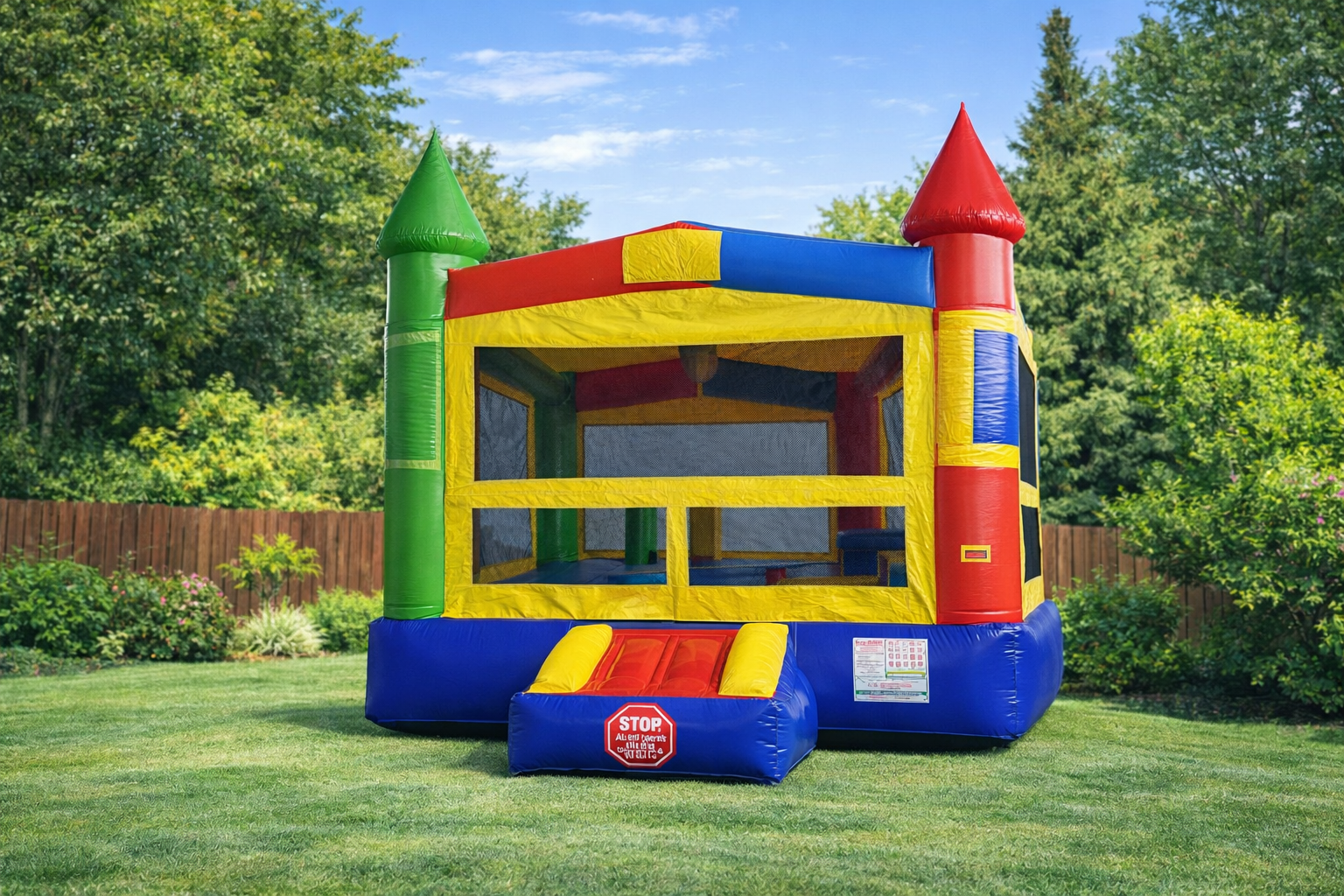 Colorful inflatable bounce house with a slide in a backyard with green grass, trees, and a wooden fence under a partly cloudy sky.