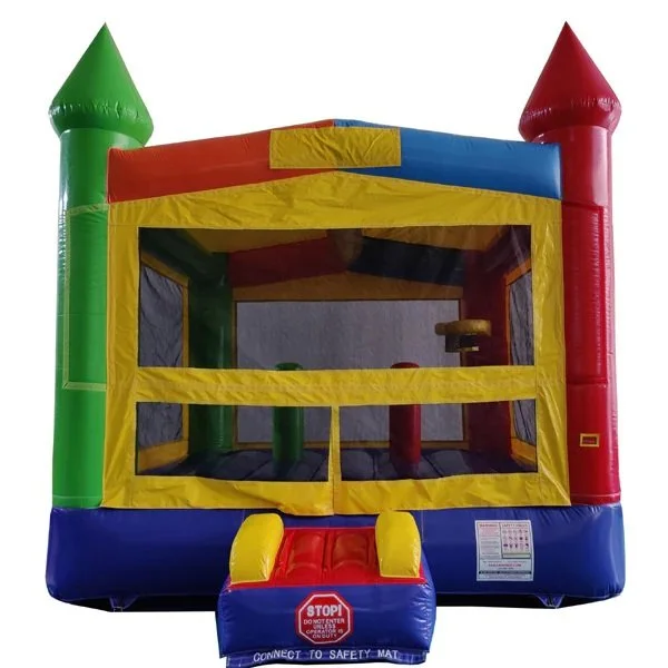 Colorful inflatable bounce house with yellow, red, blue, and green sections, featuring castle-like turrets and a safety net entrance.