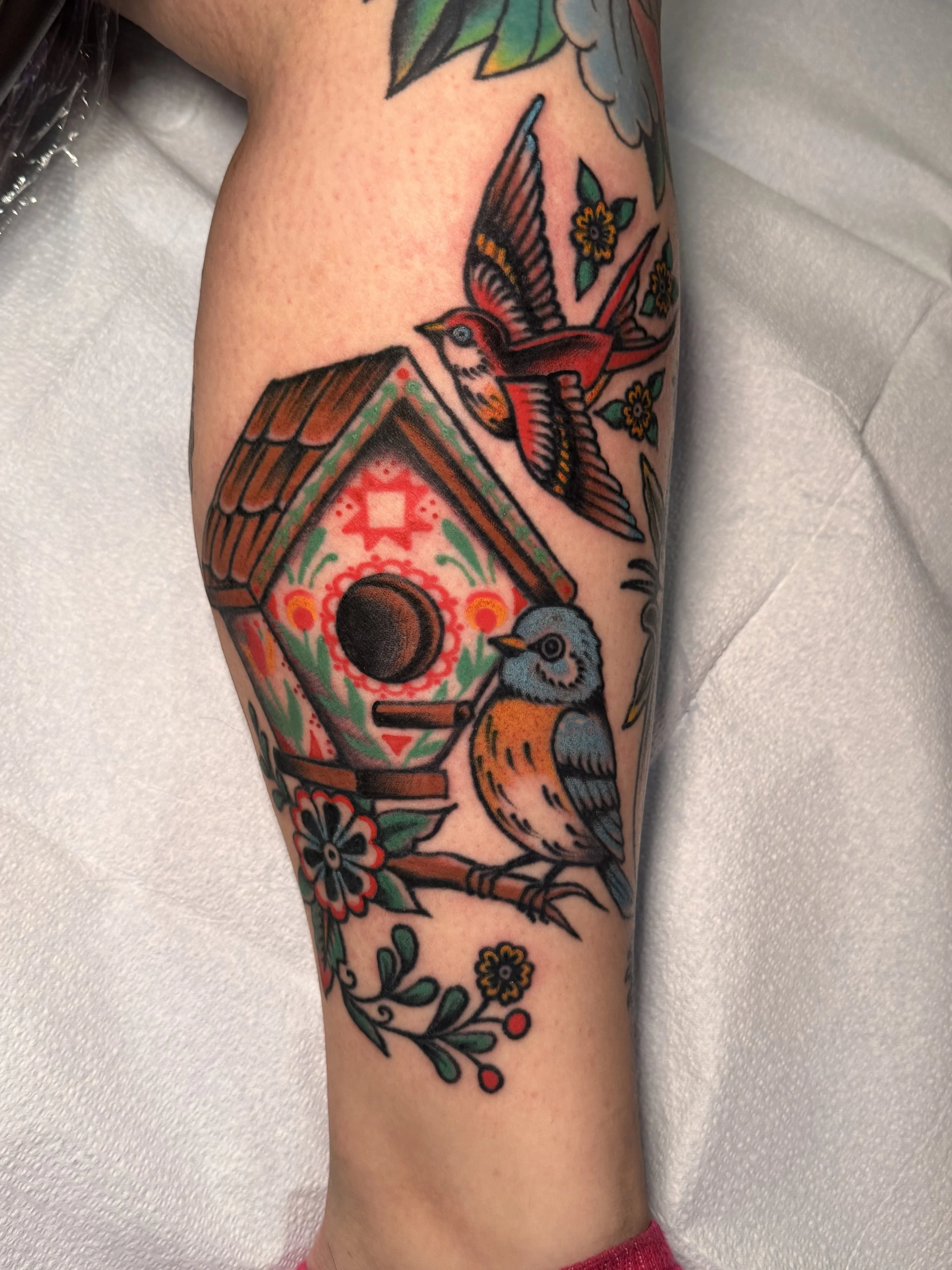 American traditional color folky birdhouse tattoo