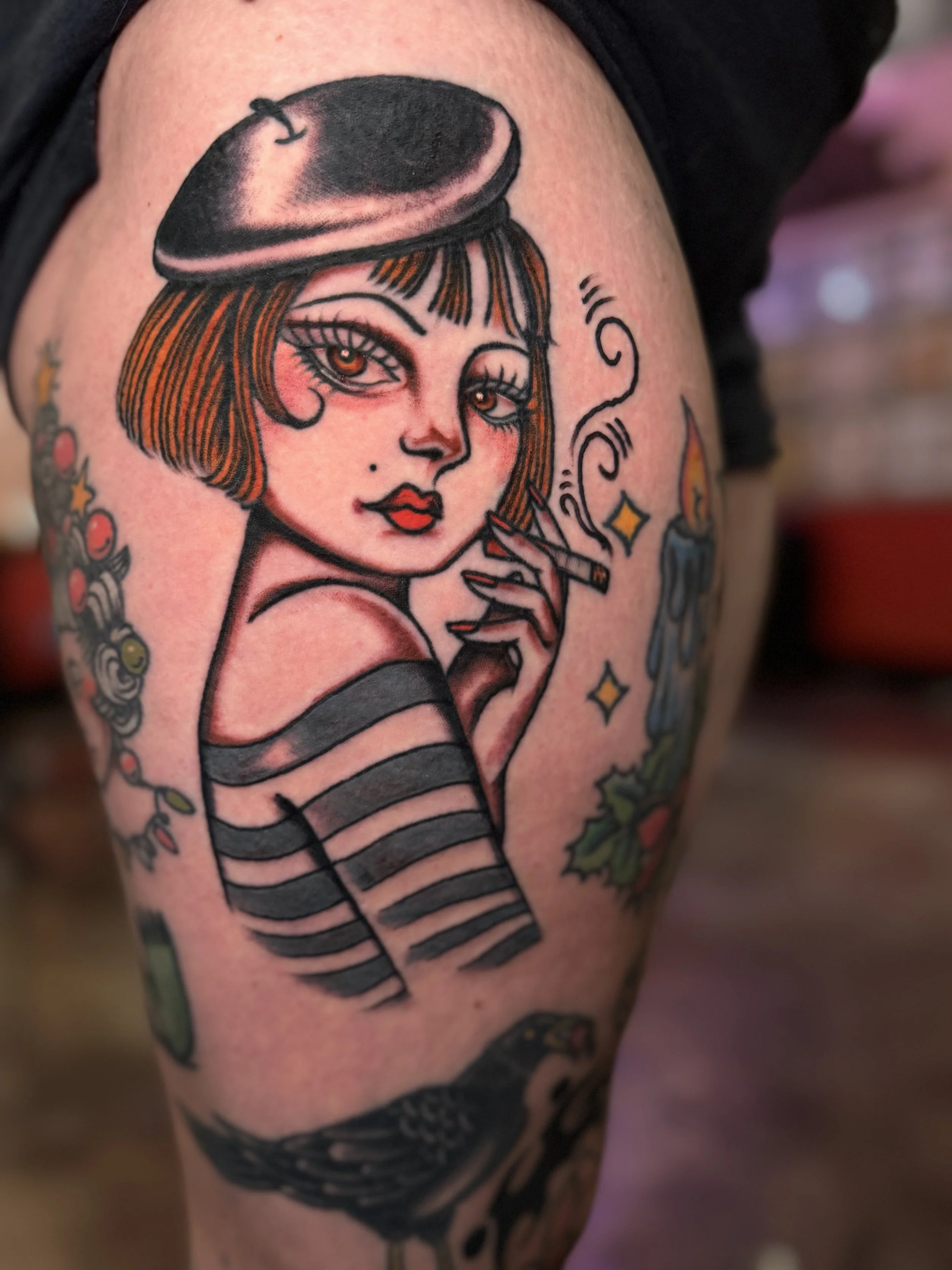 american traditional french girl smoking tattoo