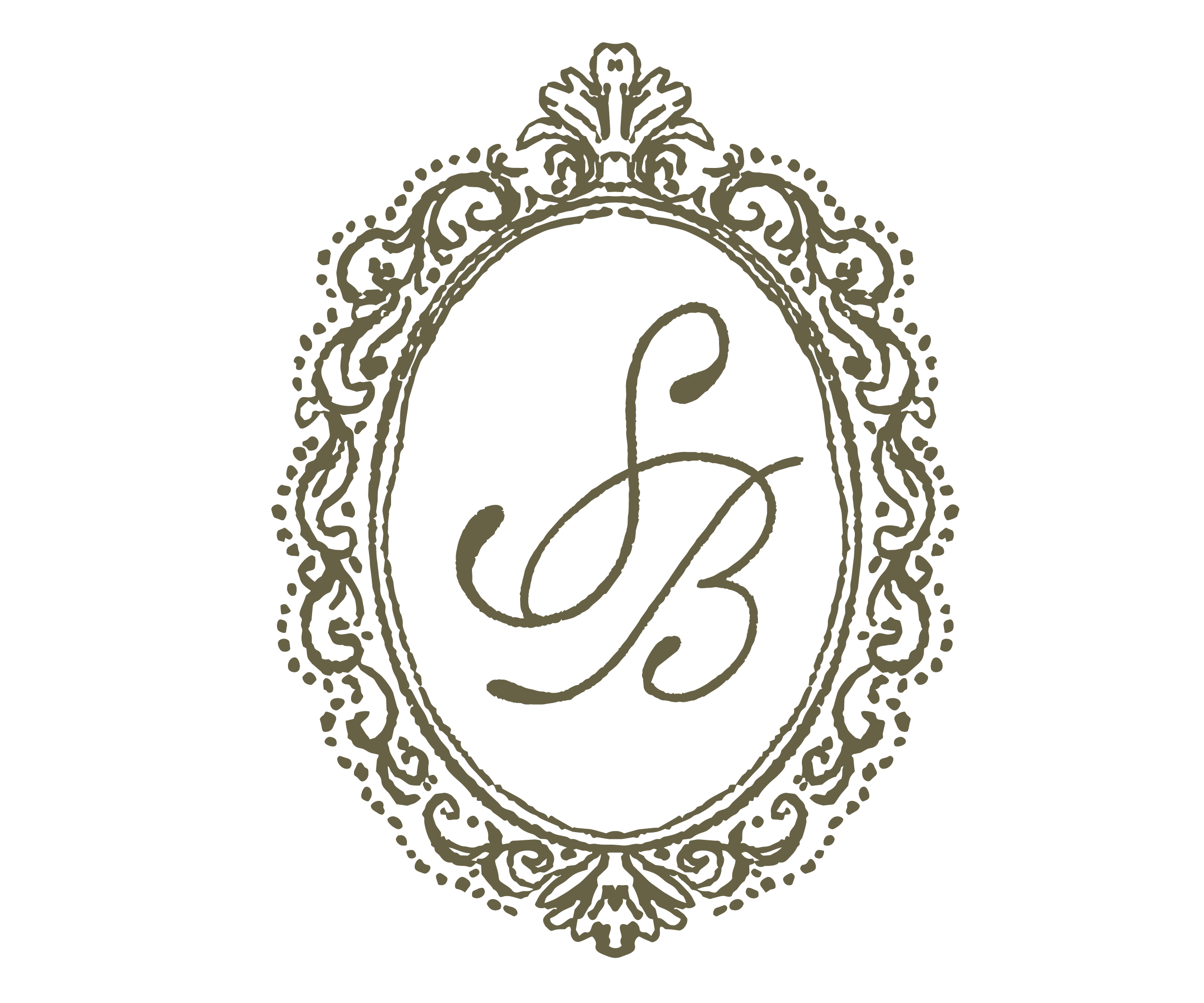 Elegant gold ornate frame with initials 'S' and 'B' in the center on black background.