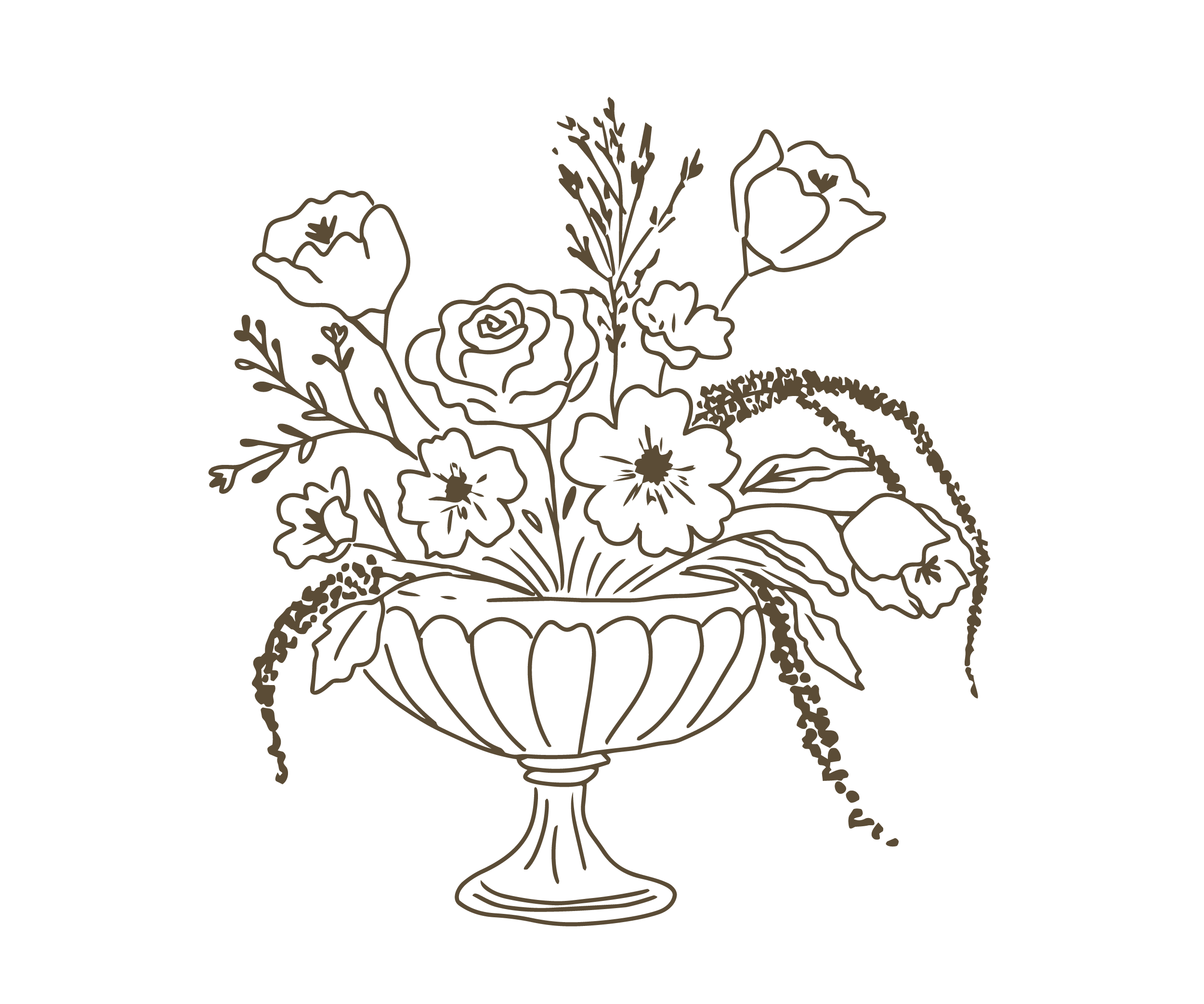 Line drawing of a floral arrangement in a decorative urn, featuring roses, other flowers, leaves, and trailing foliage on a black background.