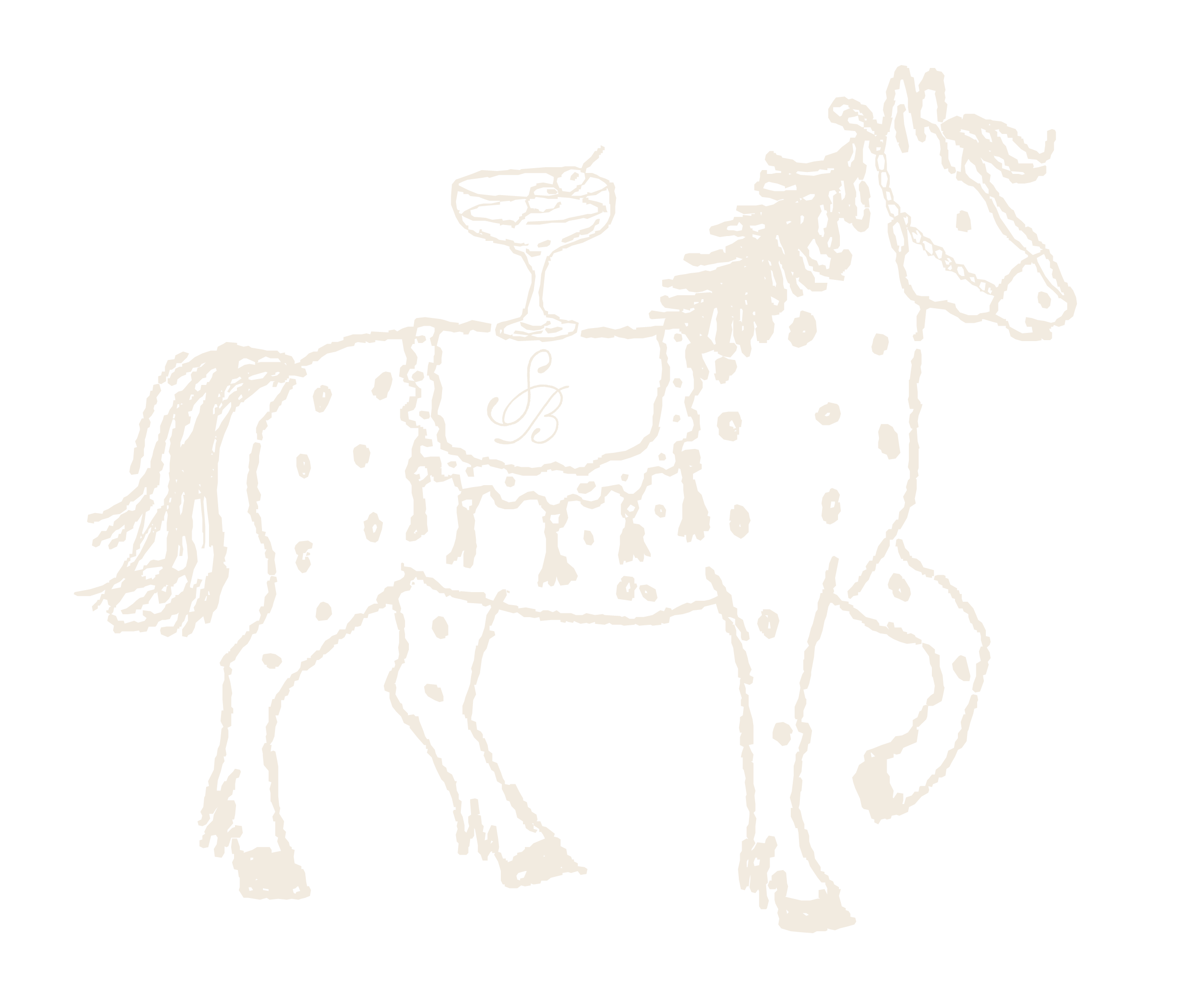 A black and white illustration of a horse with a purse and cocktail glass on its back, wearing a saddle with a monogram 'B'.