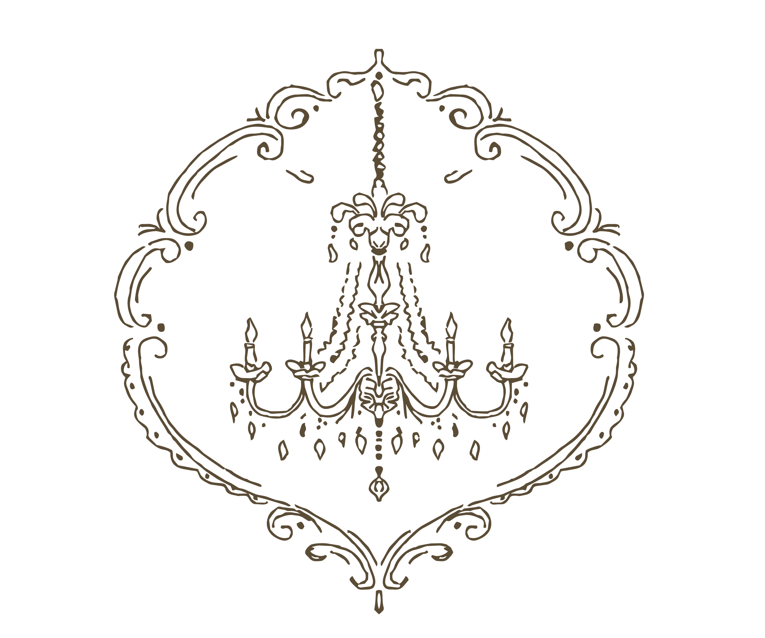 Elegant chandelier outlined in gold on a black background.