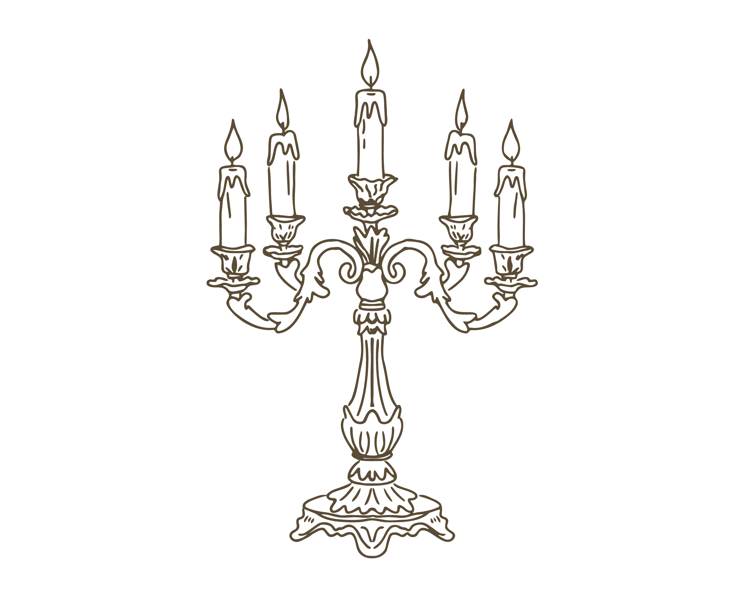 A decorative illustration of a candelabrum with five lit candles against a black background.