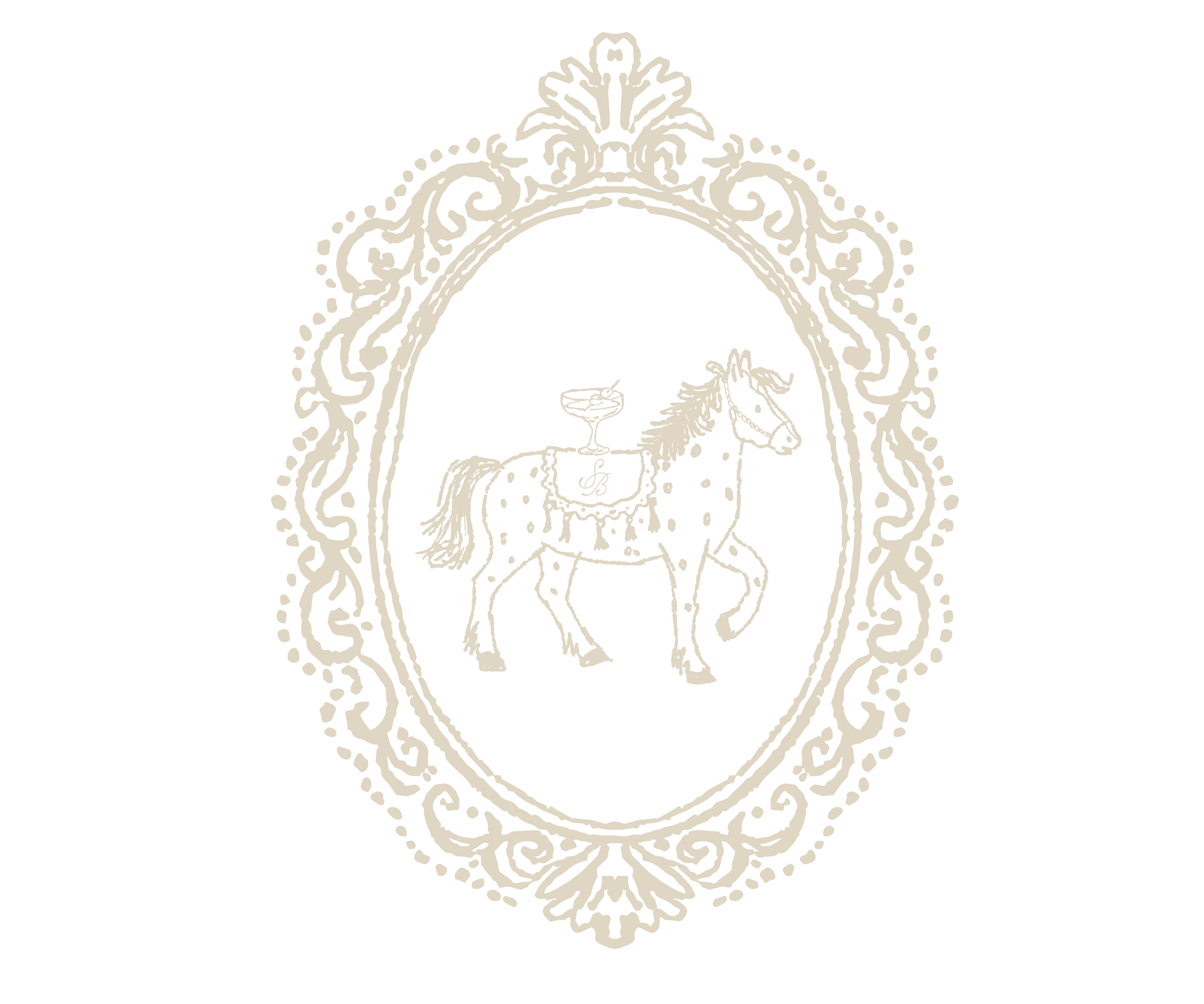 An ornate oval frame surrounds a drawing of a horse with a saddle and a glass on its back, against a black background.