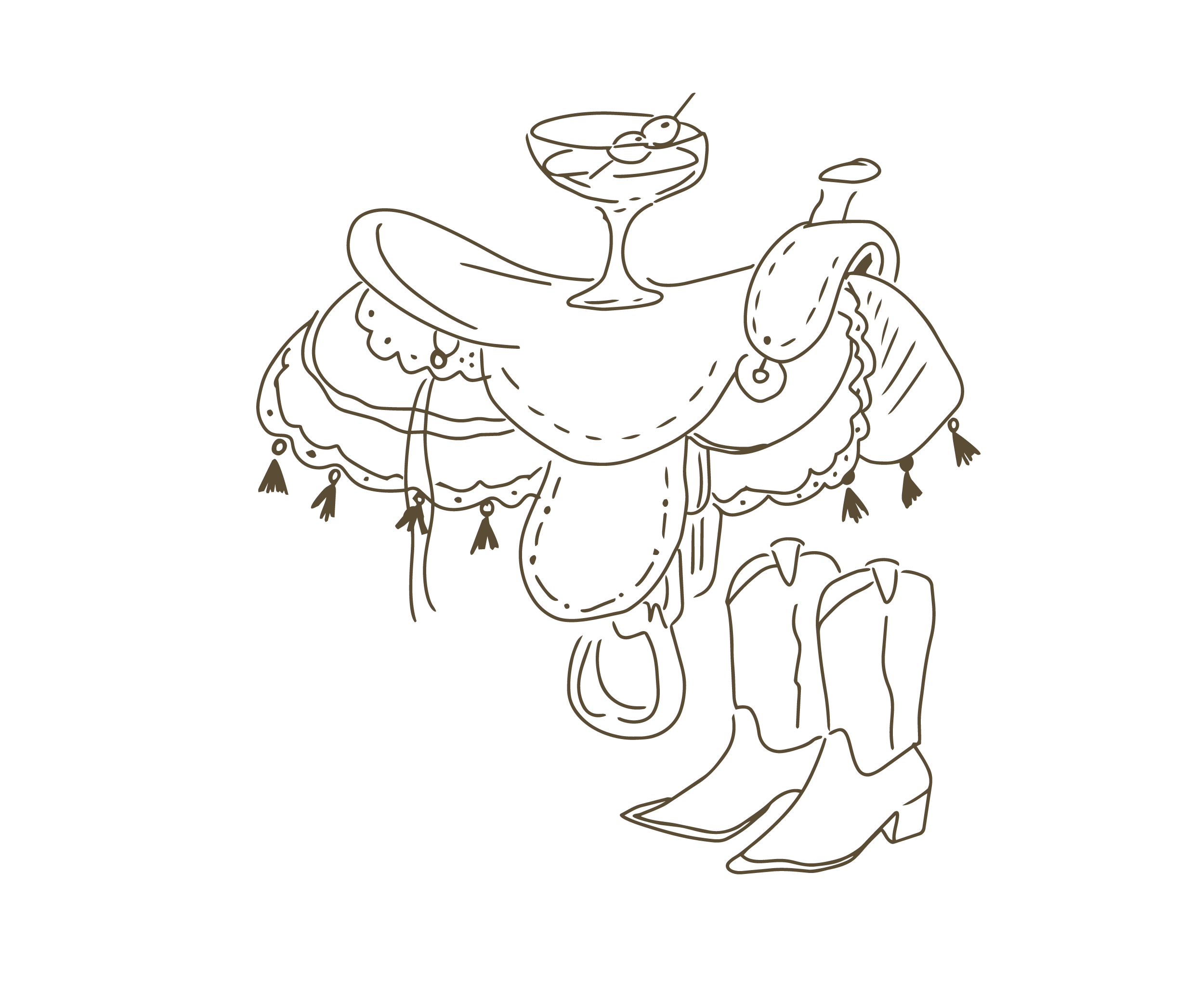 Line drawing of a saddle with a cocktail glass on top, boots below, suggesting a Western or cowboy theme.