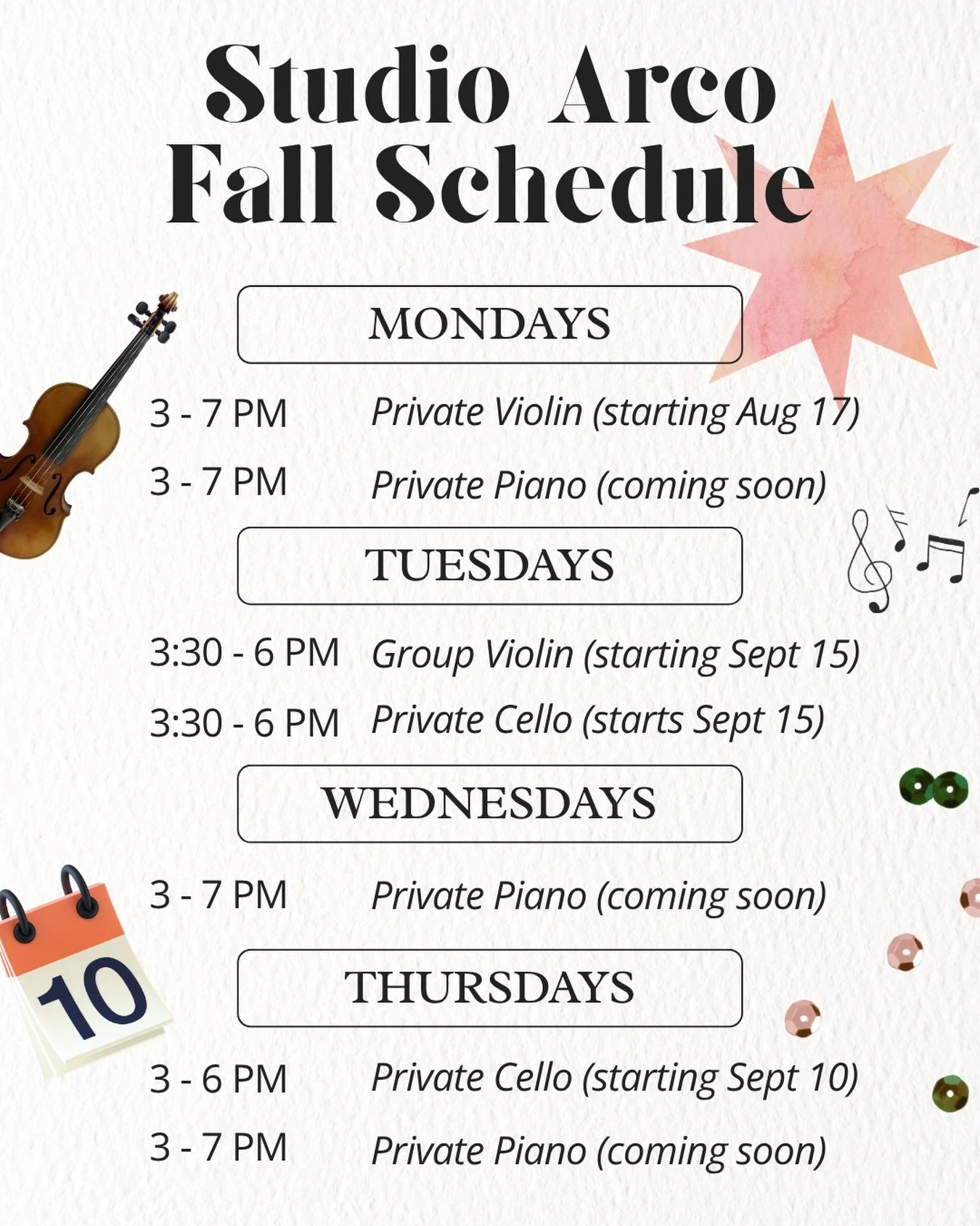 More to be added, but we&rsquo;re excited to share our fall schedule! 
🗓️ 
Join our waitlist to get Early Bird Pricing a day before anyone else and secure your ideal lesson time. 🐦 
What instruments/times/days do you want to see added next?
🎻 🎹 ?
