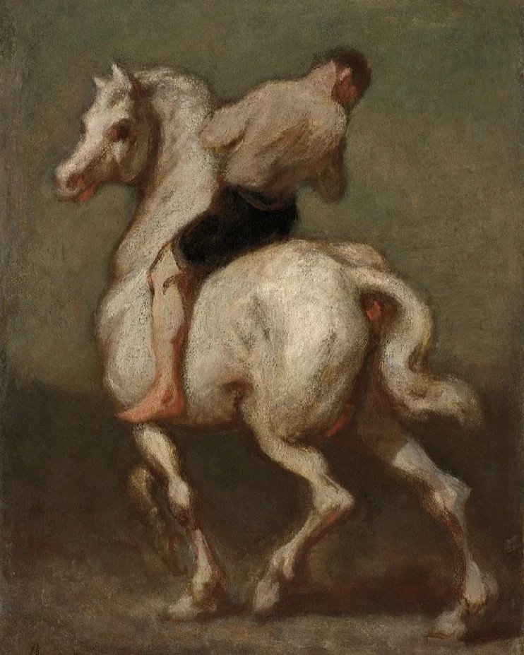 A painting of a man riding a white horse, viewed from behind. The man is shirtless and seated on the horse's back, with one leg on each side. The background is dark and muted.