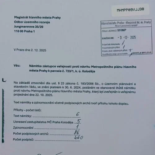 Námitka k Metropolitnímu plánu podána