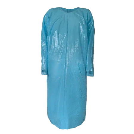 Light blue disposable smock with long sleeves and thumb loops.