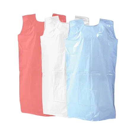 Three plastic smocks in red, white, and blue colors