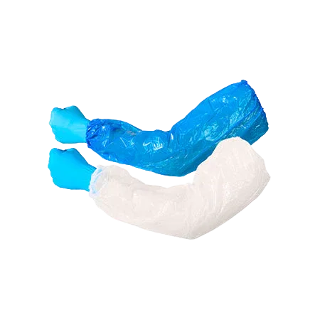 Two disposable protective arm sleeves, one blue and one white, lying on a white surface.