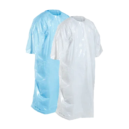 Two disposable short-sleeved smocks, one blue and one white, hanging side by side.