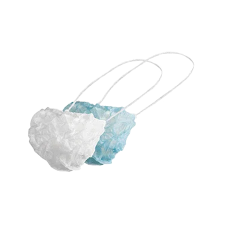 A pack of disposable beard covers, including one white and one blue mask, with ear loops.