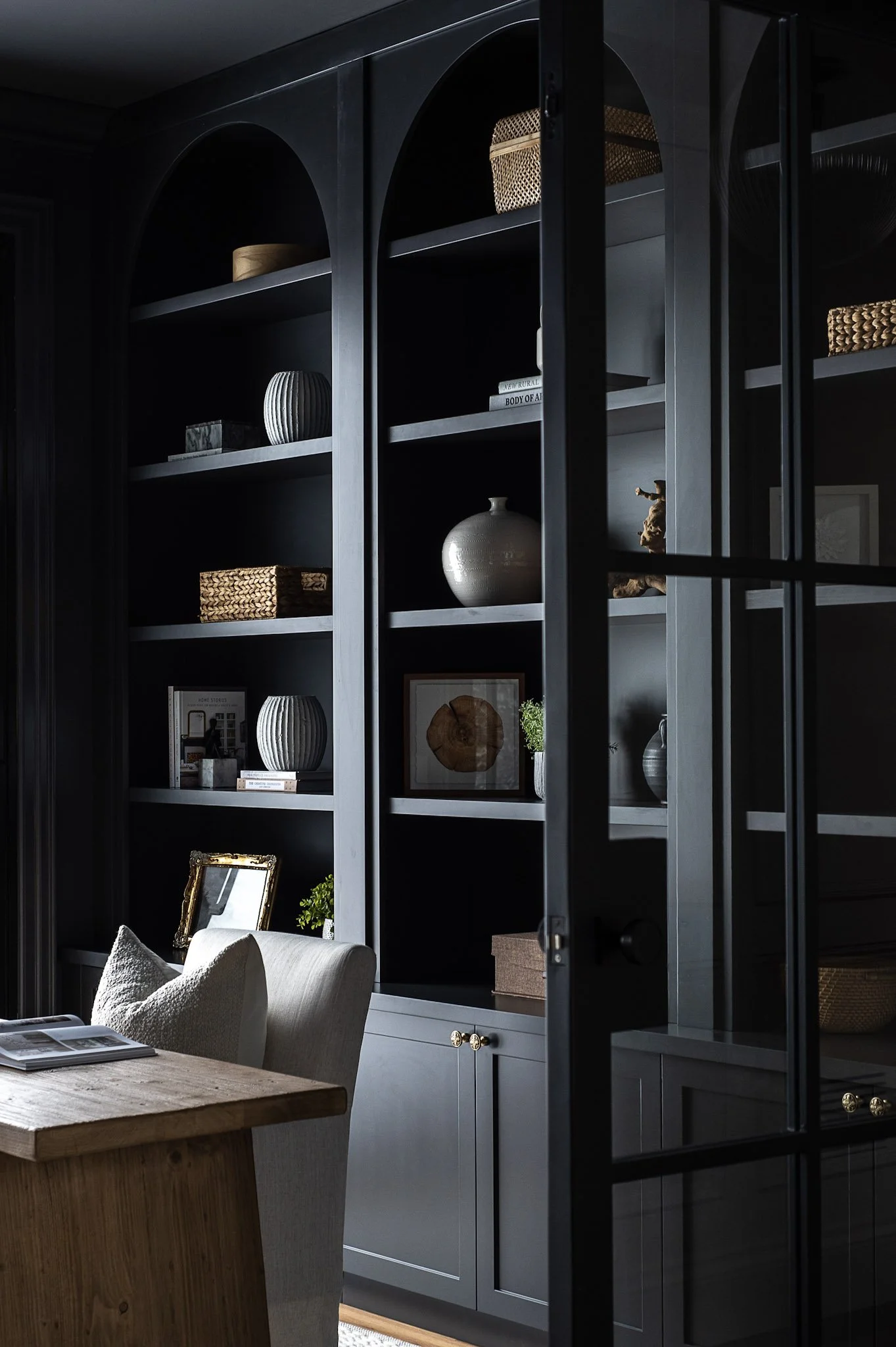 Home office with colour drenched built-in shelving home staging in Oakville Ontario by JT & Co Interiors