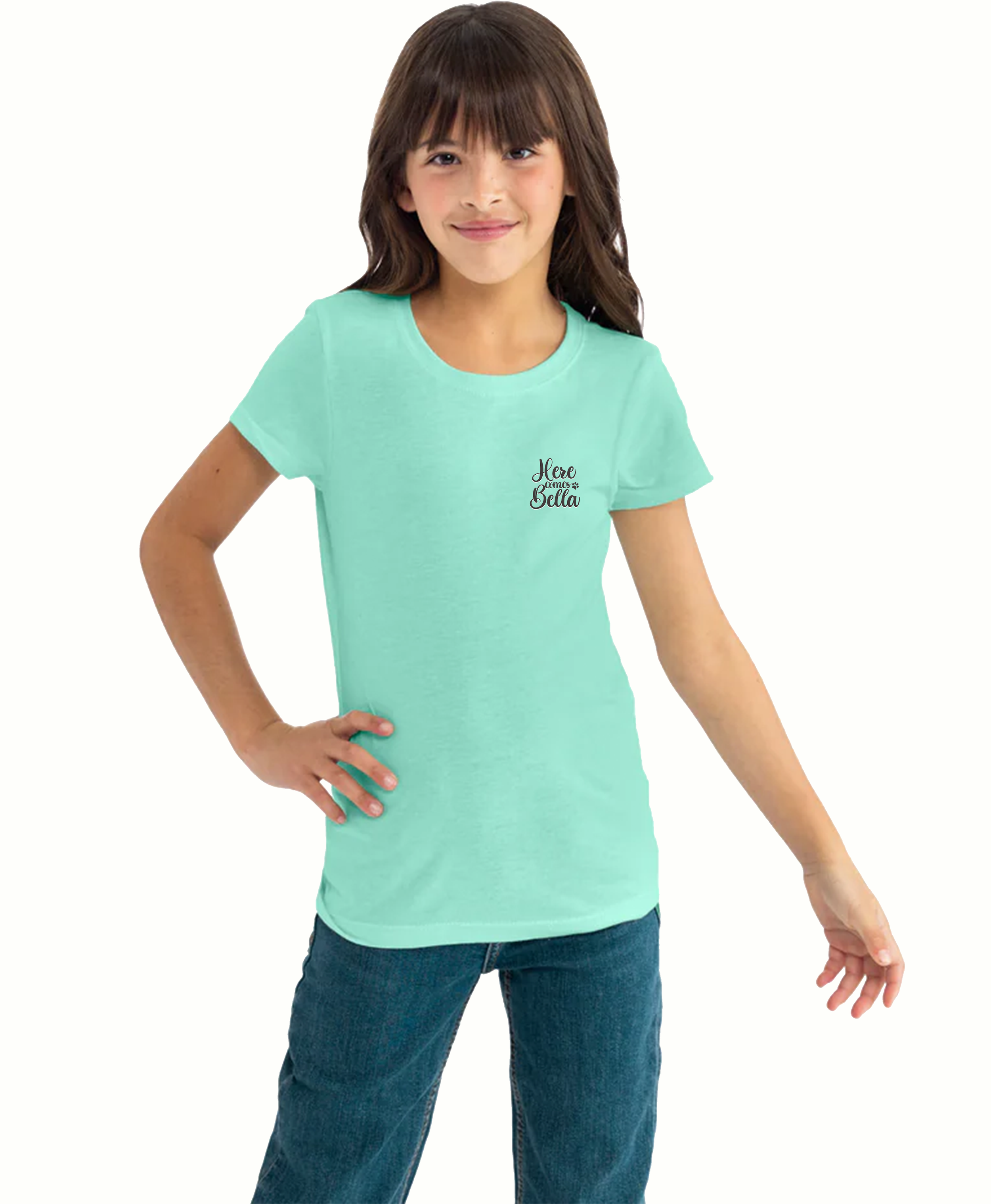 Here Comes Bella T-Shirt Girls Model Mockup Front.png