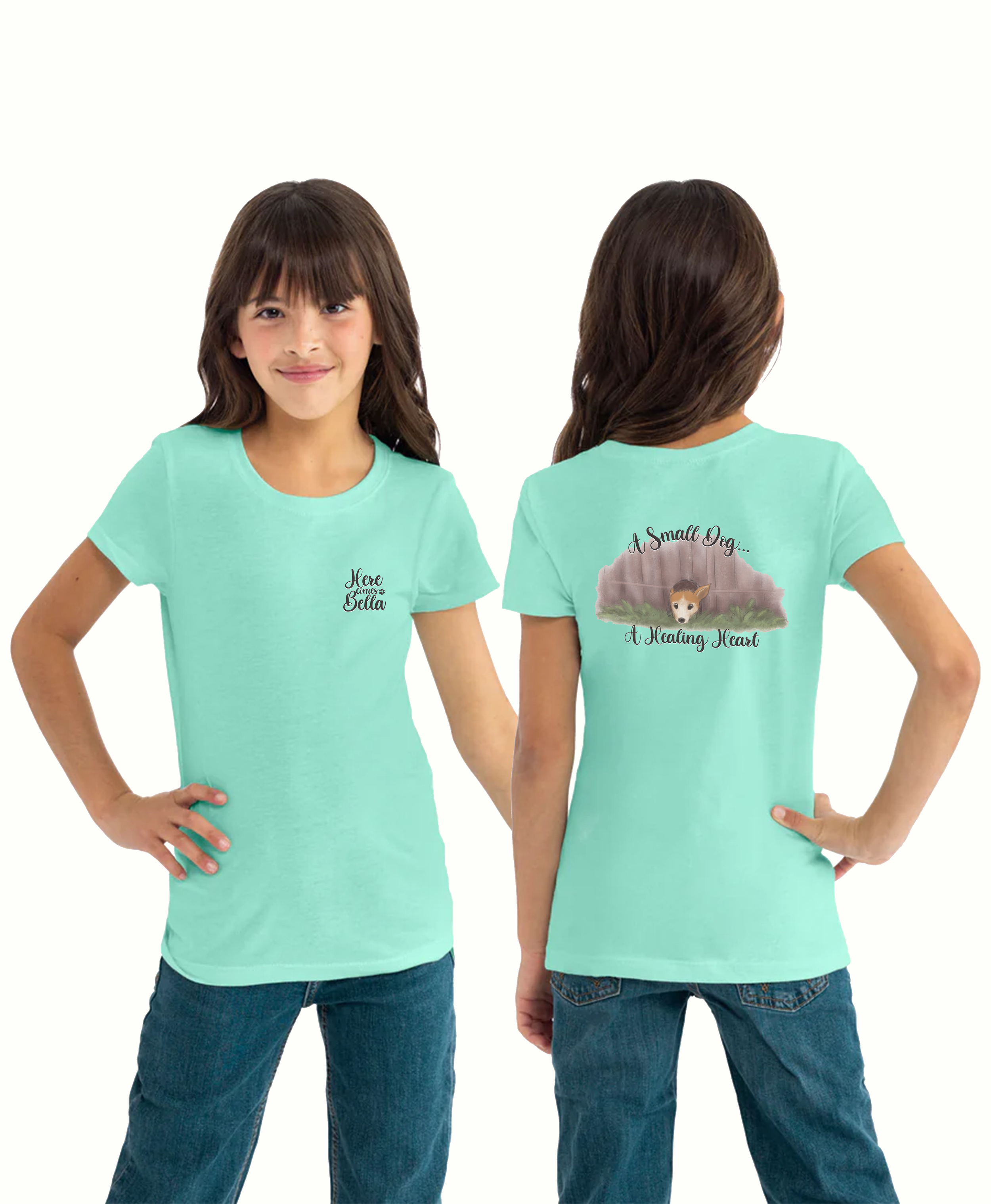Here Comes Bella T-Shirt Girls Model Mockup Front & Back.png