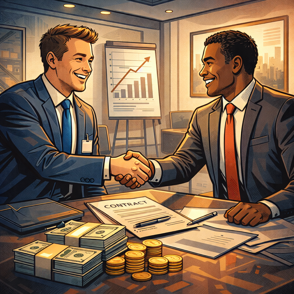 Two businessmen in suits shaking hands over a signed contract table with money, coins, and documents, in a business office with financial charts and cityscape in the background.