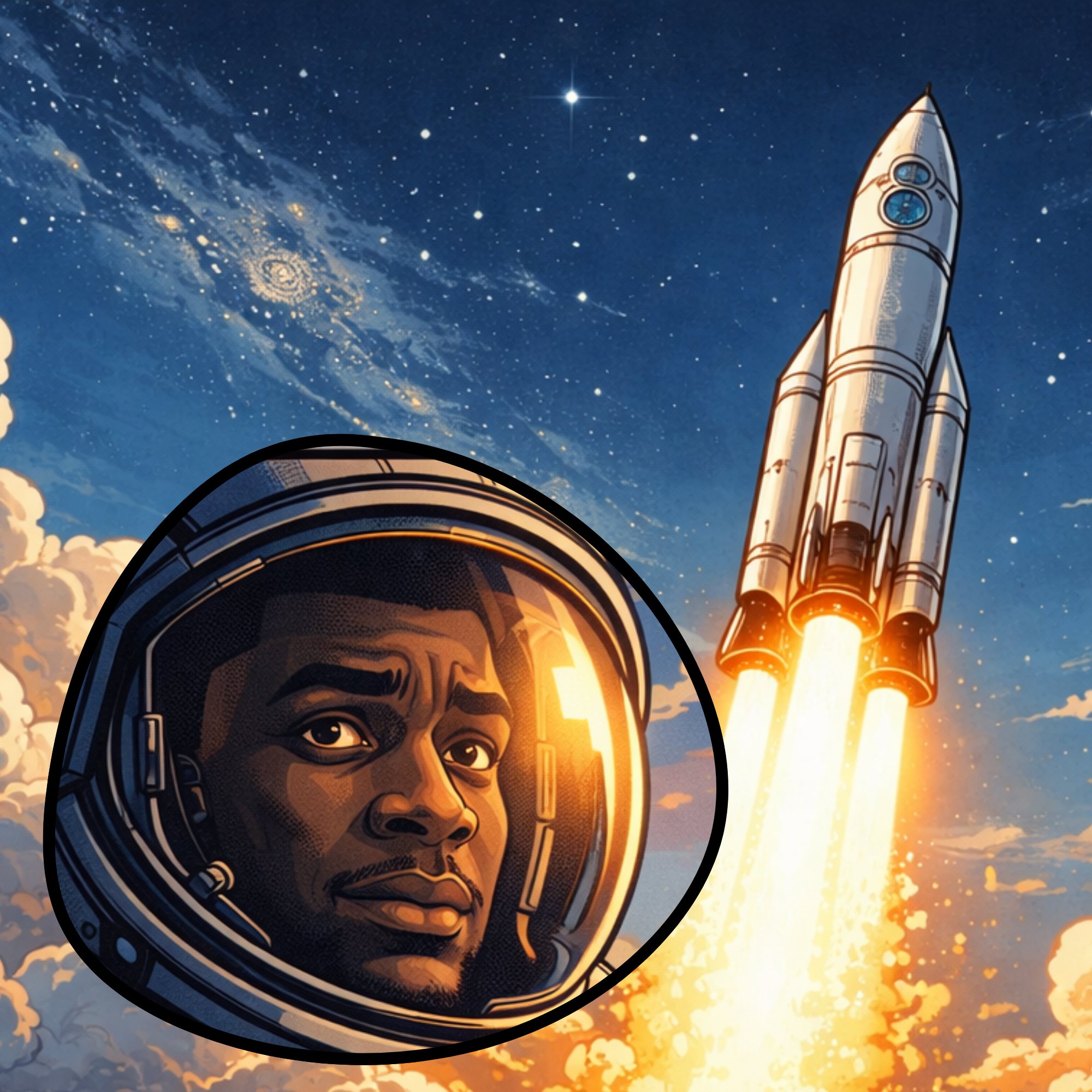Illustration of a rocket launching into space with a background of stars and galaxies, and an inset portrait of an astronaut wearing a helmet.