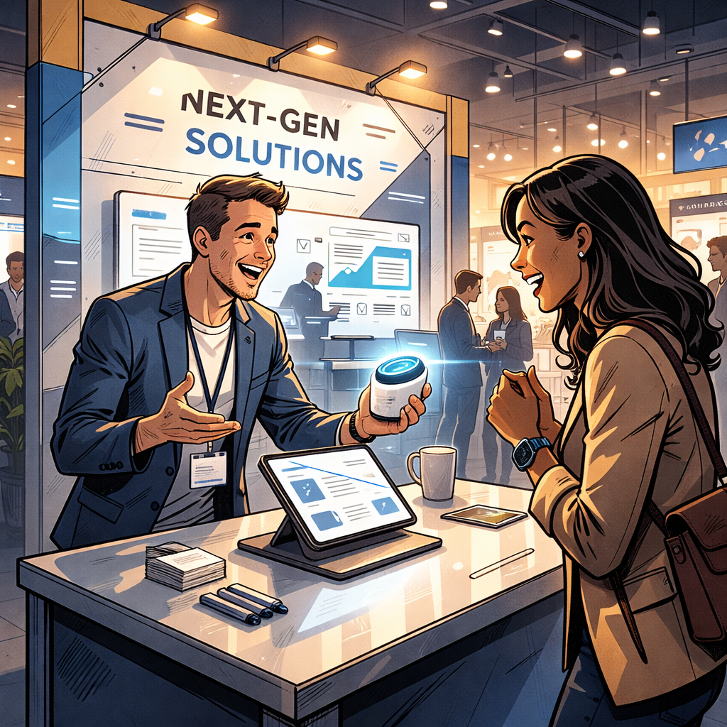 A man demonstrating a futuristic device to a woman at a conference booth with a sign that reads 'Next-Gen Solutions.'