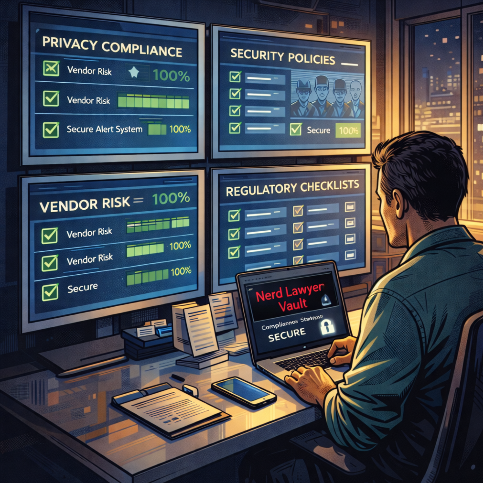 A person in a control room working on a laptop, surrounded by large screens displaying security and compliance data, including 'Privacy Compliance', 'Security Policies', 'Vendor Risk', and 'Regulatory Checklists'; the laptop screen shows 'Nerd Lawyer Vault' and 'Secure' with a lock icon.