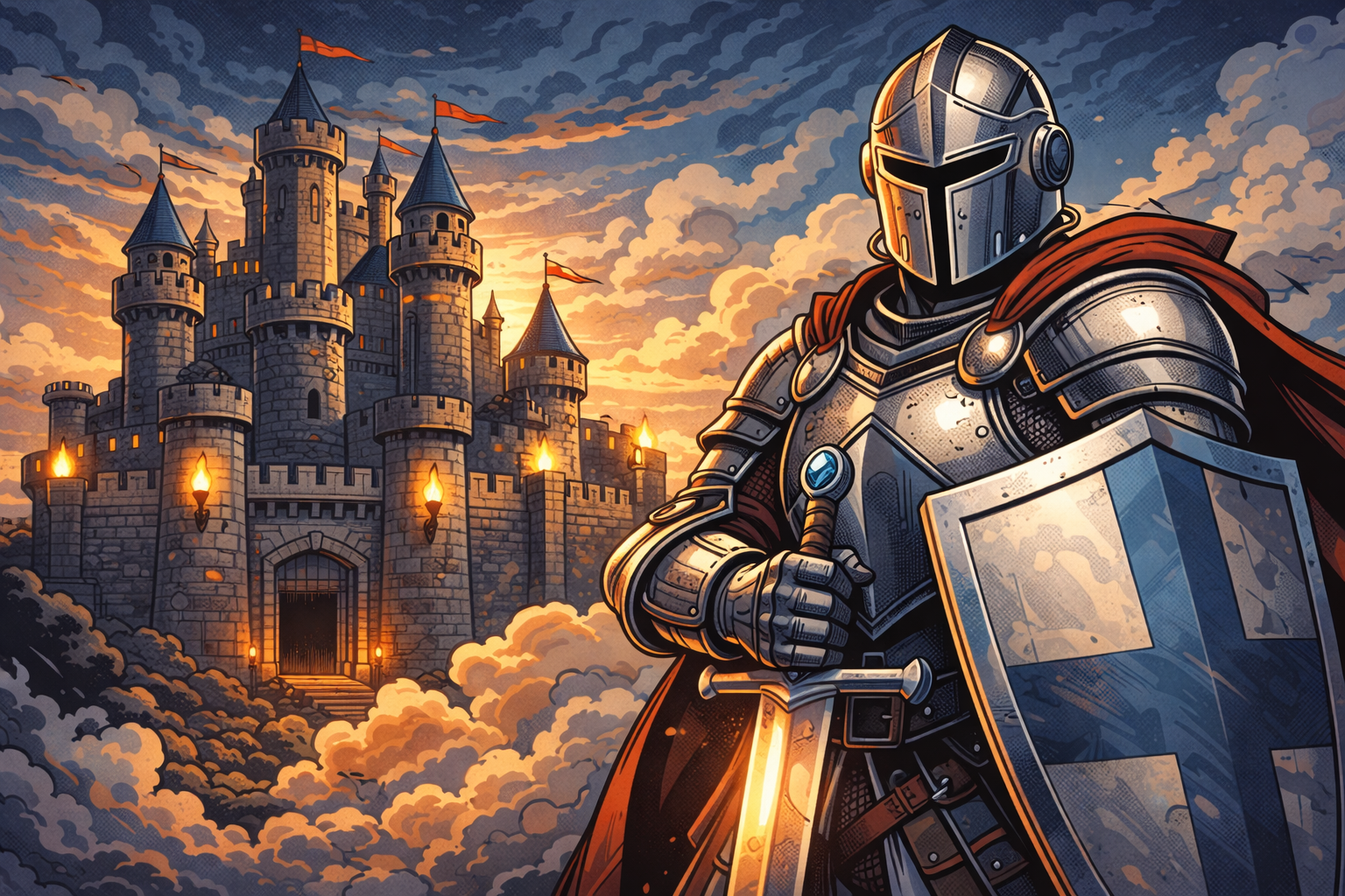 A knight in armor holding a sword and shield, standing in front of a large stone castle with turrets, flags, and lit torches, during sunset or sunrise with cloudy sky.