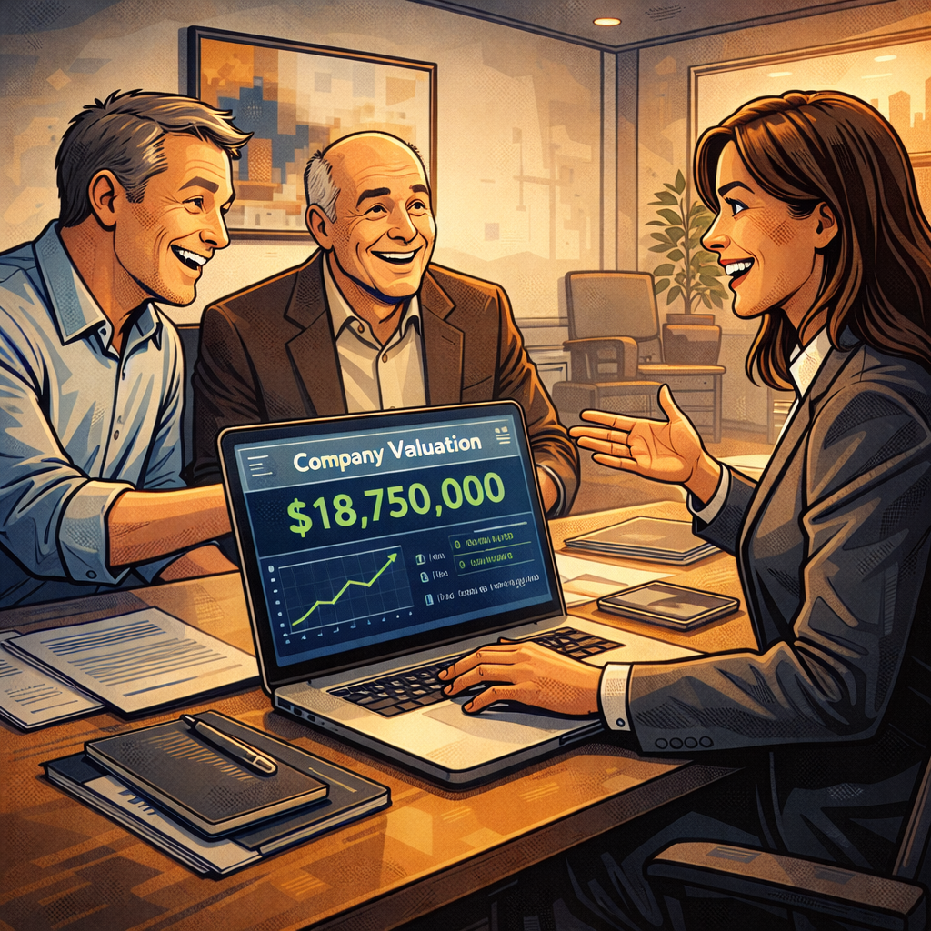 Three business professionals, two men and one woman, engaged in a discussion at a meeting room. The woman is showing a laptop screen with a company valuation of $18,750,000, while the two men smile and listen. The setting appears modern, with framed artwork and a plant in the background.