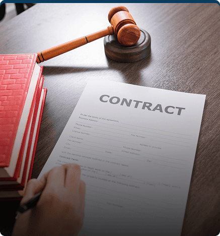 A legal gavel, a contract form, and a person's hand with a pen on a wooden desk.