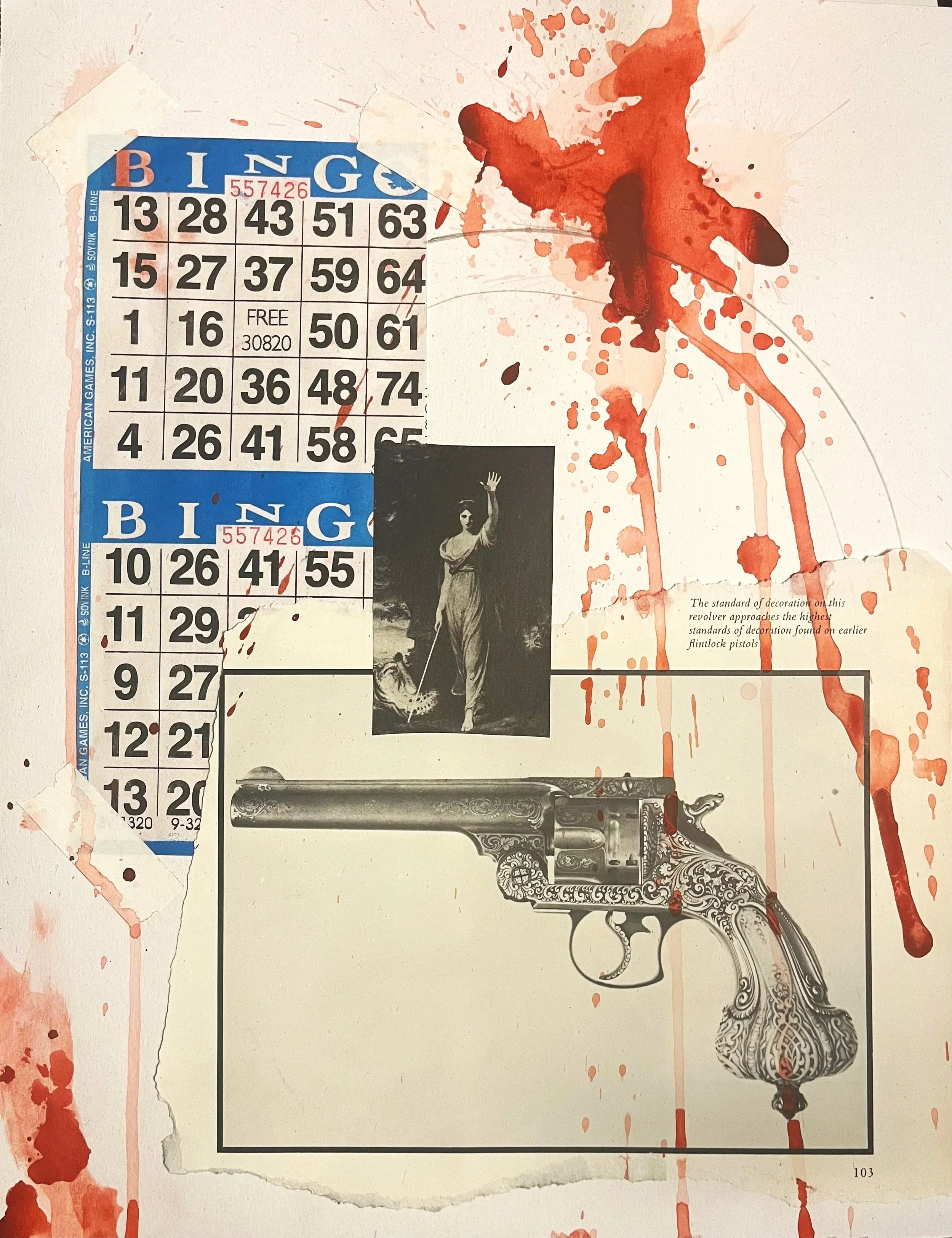 Bingo, 2023, mixed media collage and acrylic on paper, 12" x 9"