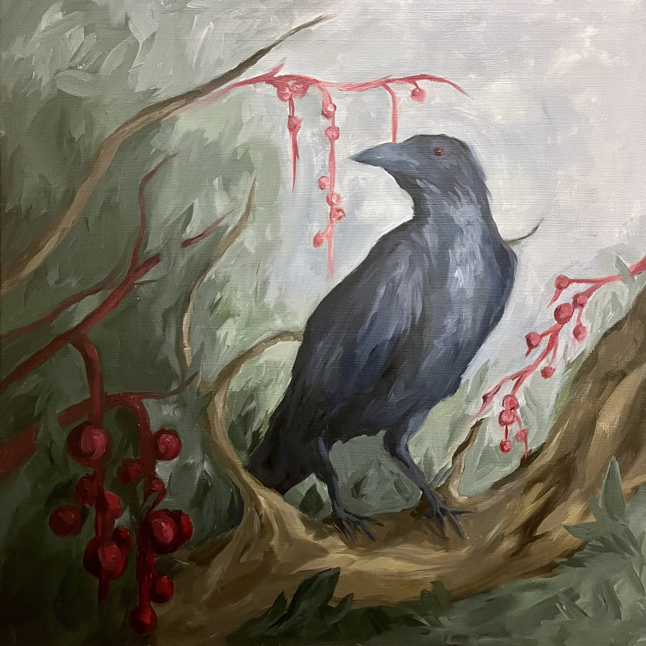 Crow with Chokecherries, 2023, oil on canvas, 24" x 24"