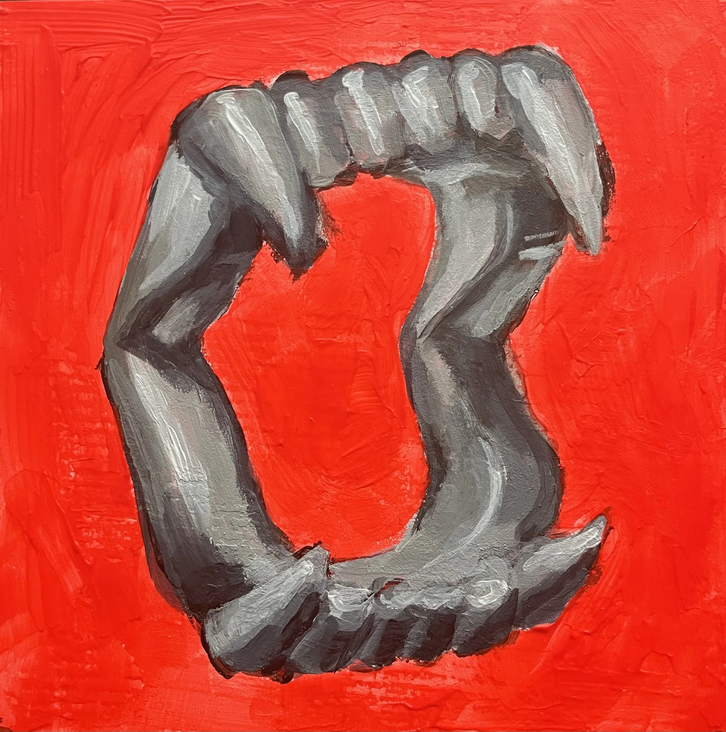 vampire fangs in fluorescent red, 2023, acrylic on panel, 5" x 5"