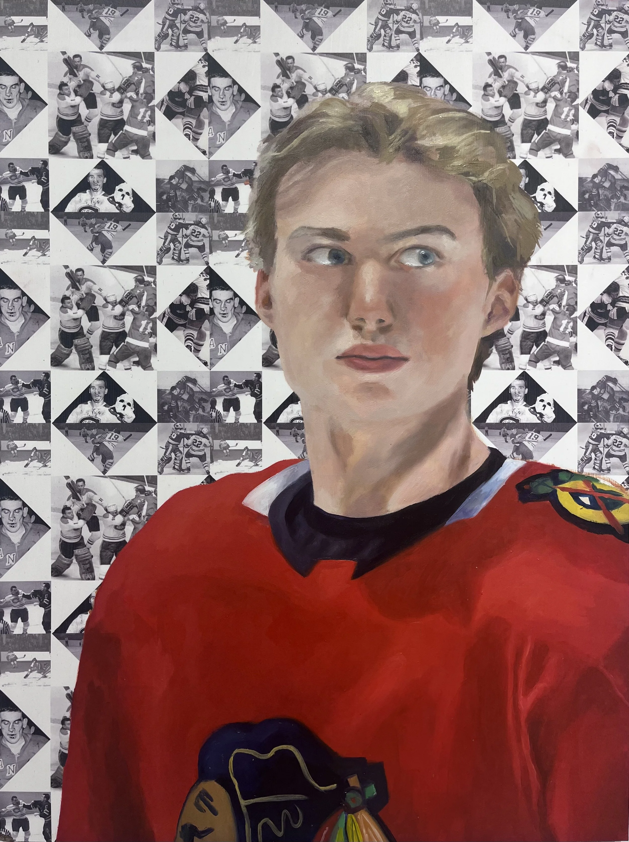 Innocence/Violence, 2024, oil on printed gesso board, 24" x 18"