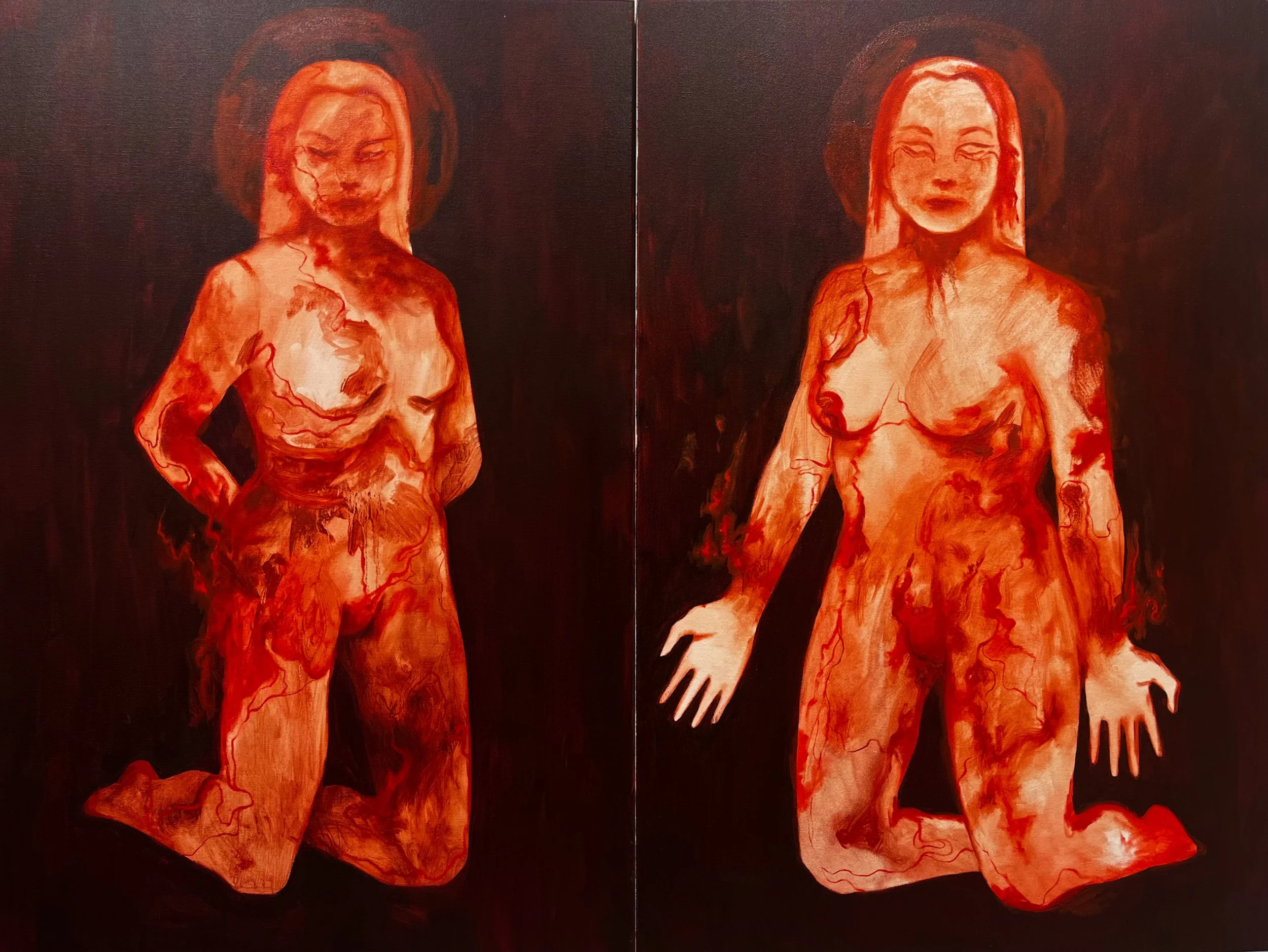 Diptych of Two Blood Spirits, 2025, oil on canvas, 36" x 48"