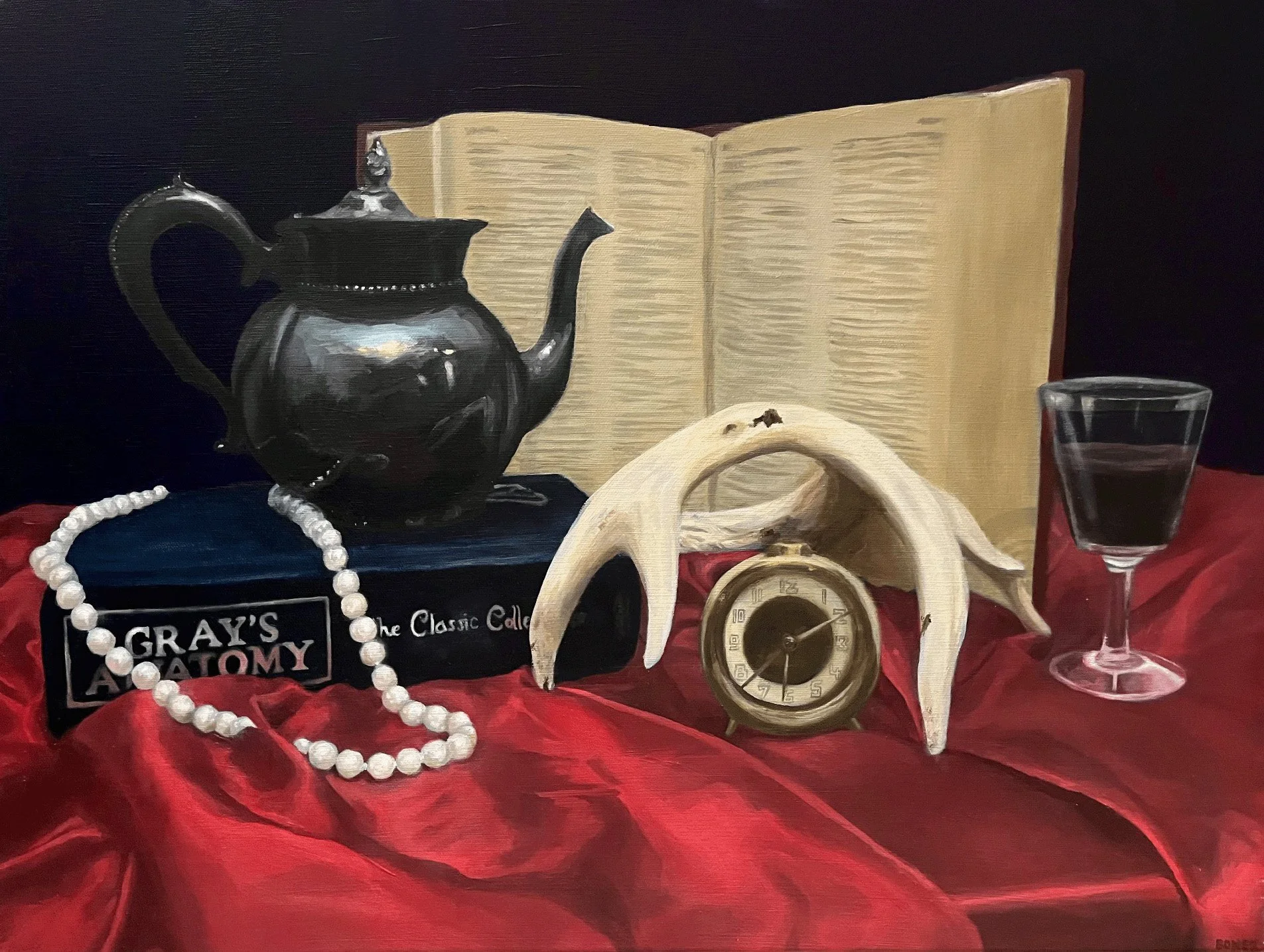 Still Life with Pearls and Bone, 2023, oil on canvas, 18" x 24"