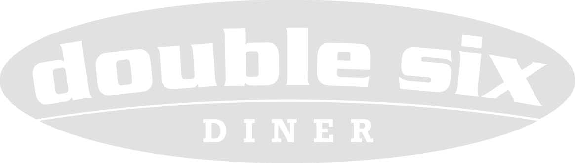 Logo des Double Six Diner mit schwarzem Text auf grauem Hintergrund, oval geformt.