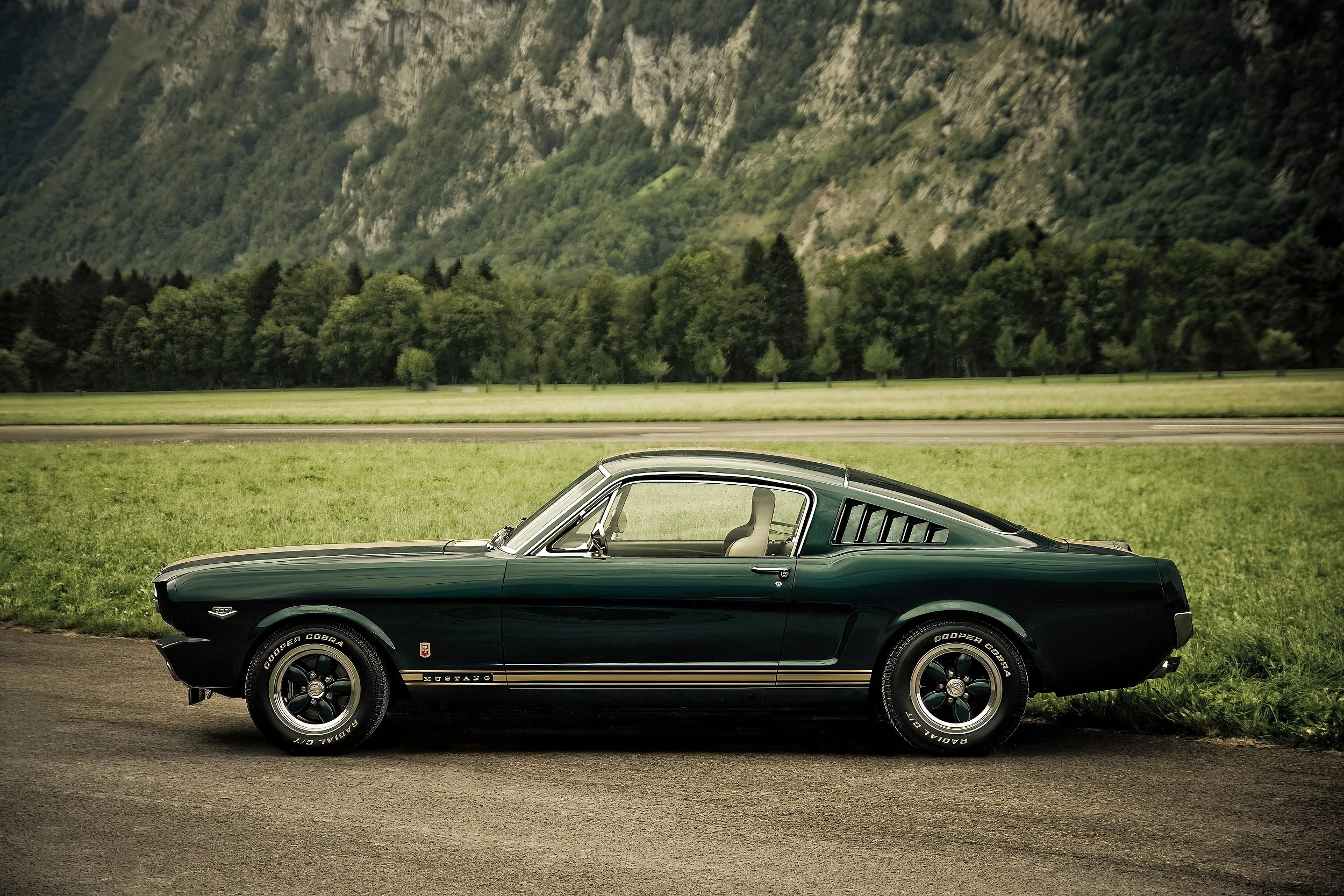 Ein schwarzer Ford Mustang mit weißem Streifen, das Auto steht auf einer Straße vor einer grünen Wiese und einer bewaldeten Bergkulisse im Hintergrund.