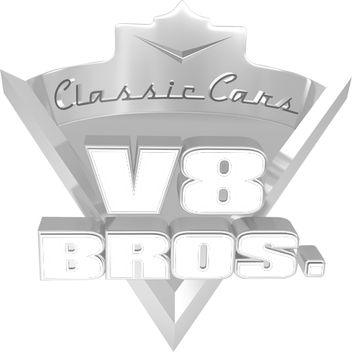 Logo mit Schriftzug 'Classic Cars V8 BROS.' in Silber und Schwarz, Vintage-Design.