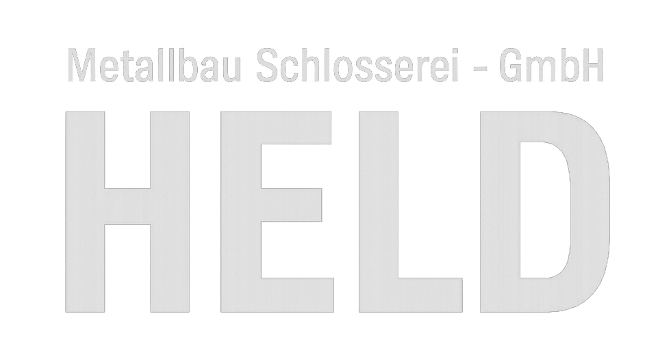 Schwarz-weißes Firmenlogo mit dem Text 'Metallbau Schlosserei - GmbH' und großen Buchstaben 'HELD'