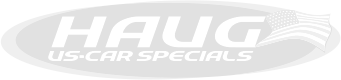 Logo mit dem Text 'HAUG US-CAR SPECIALS' auf silbernem Hintergrund