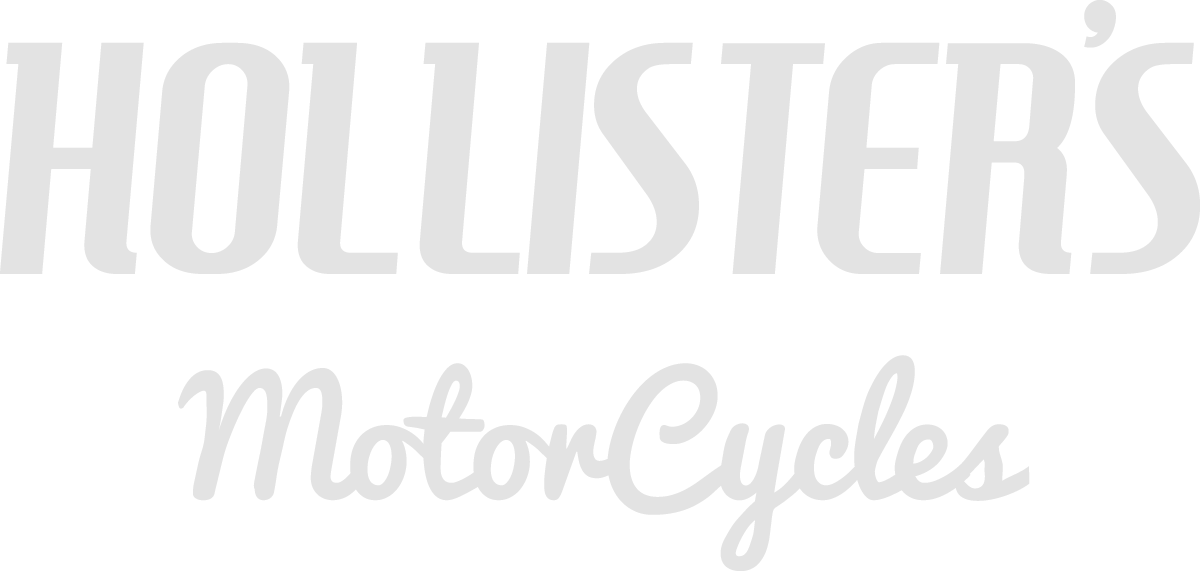 Hollister Motorcycles Logo mit großen grauen Buchstaben und darunter der Schriftzug 'Motor Cycles' in Kursivschrift