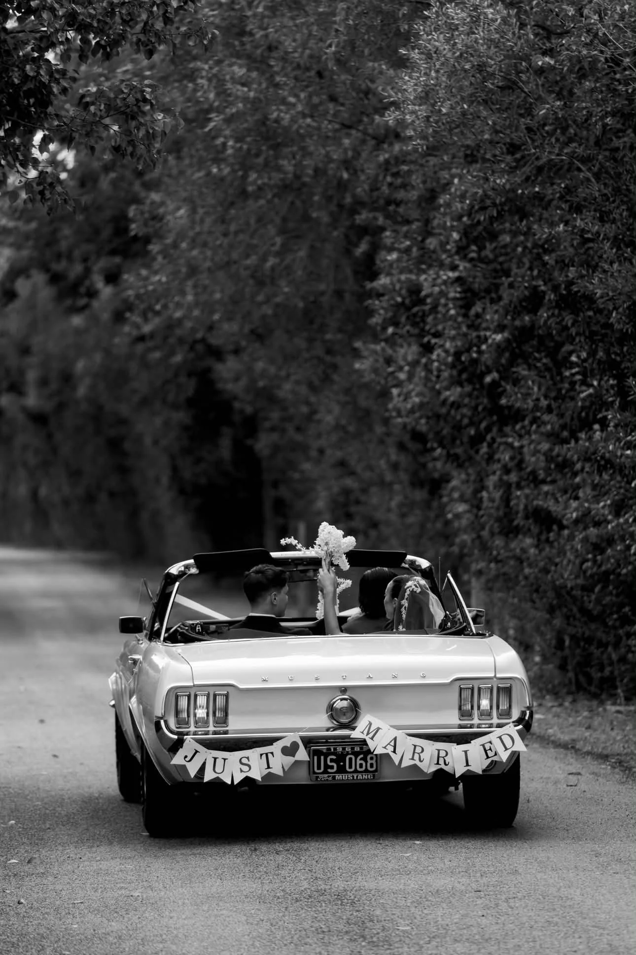 Black and white photo of a vintage Ford Mustang convertible decorated for a wedding, with a 'JUST MARRIED' banner on the back, a bride and groom sitting inside, and a bride holding a bouquet. The car is driving down a tree-lined road.