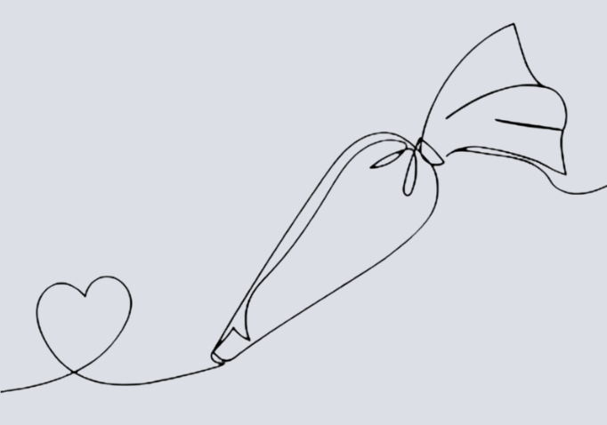 Line drawing of a heart connected to a wrapped gift.