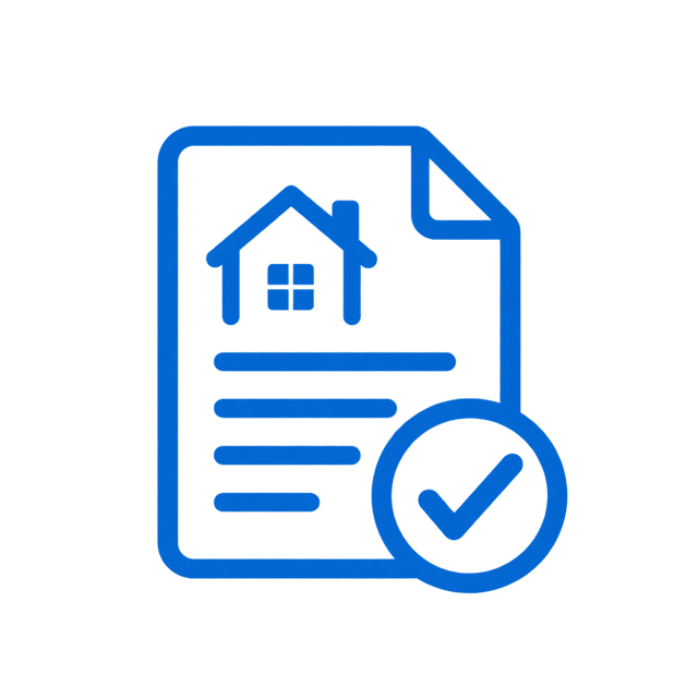 Blue outline icon of a home inspection document with a magnifying glass and checkmark