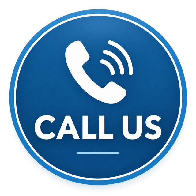 Blue circular call us sign with white telephone handset and wireless signal icon