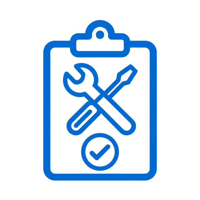 Blue clipboard icon with crossed wrench and screwdriver and a checkmark